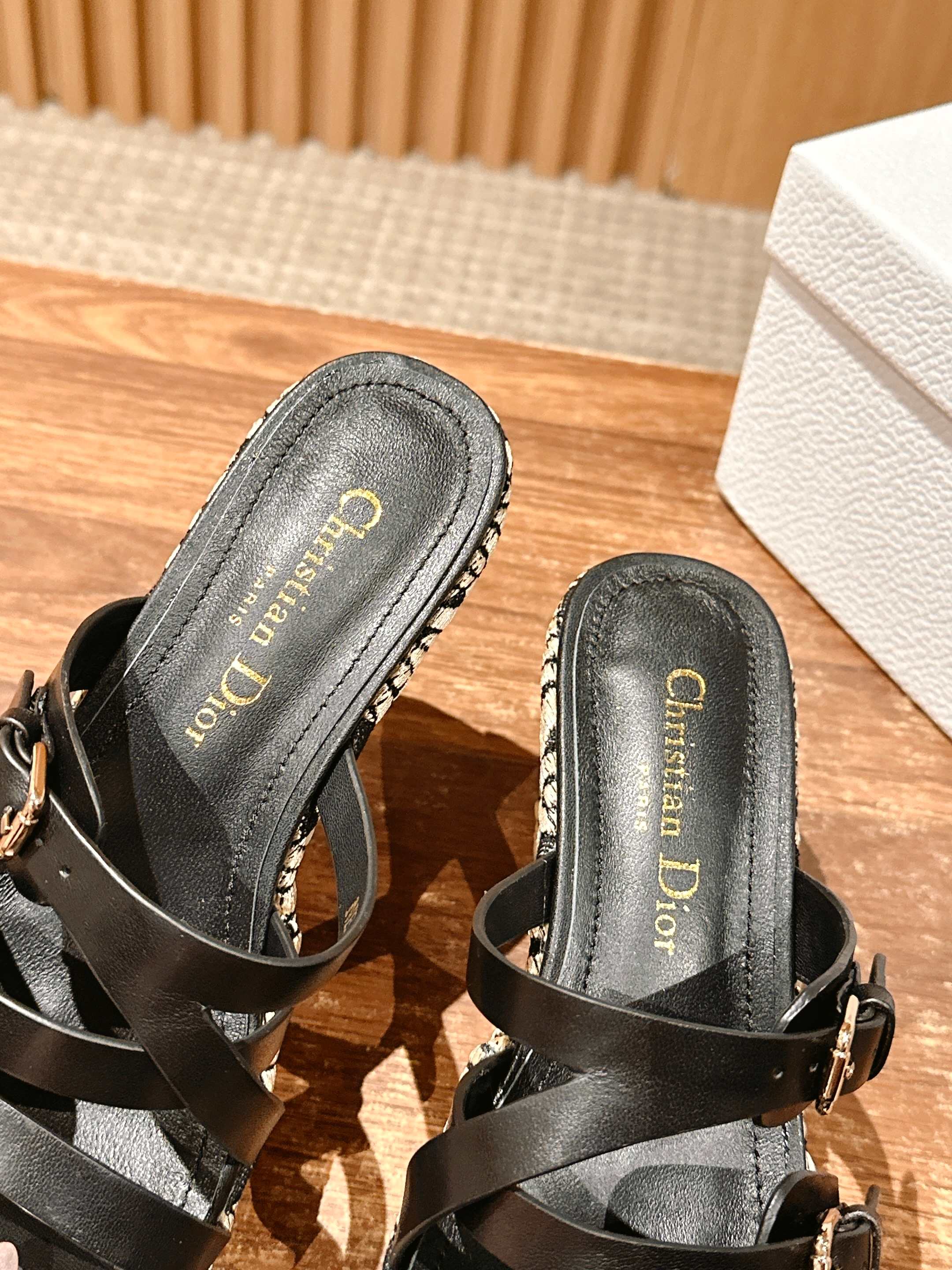 DIOR ATTITUDE WEDGE SLIDE 90MM IN BLACK ADJUSTABLE STRAPS CALFSKIN CANVAS SOLE