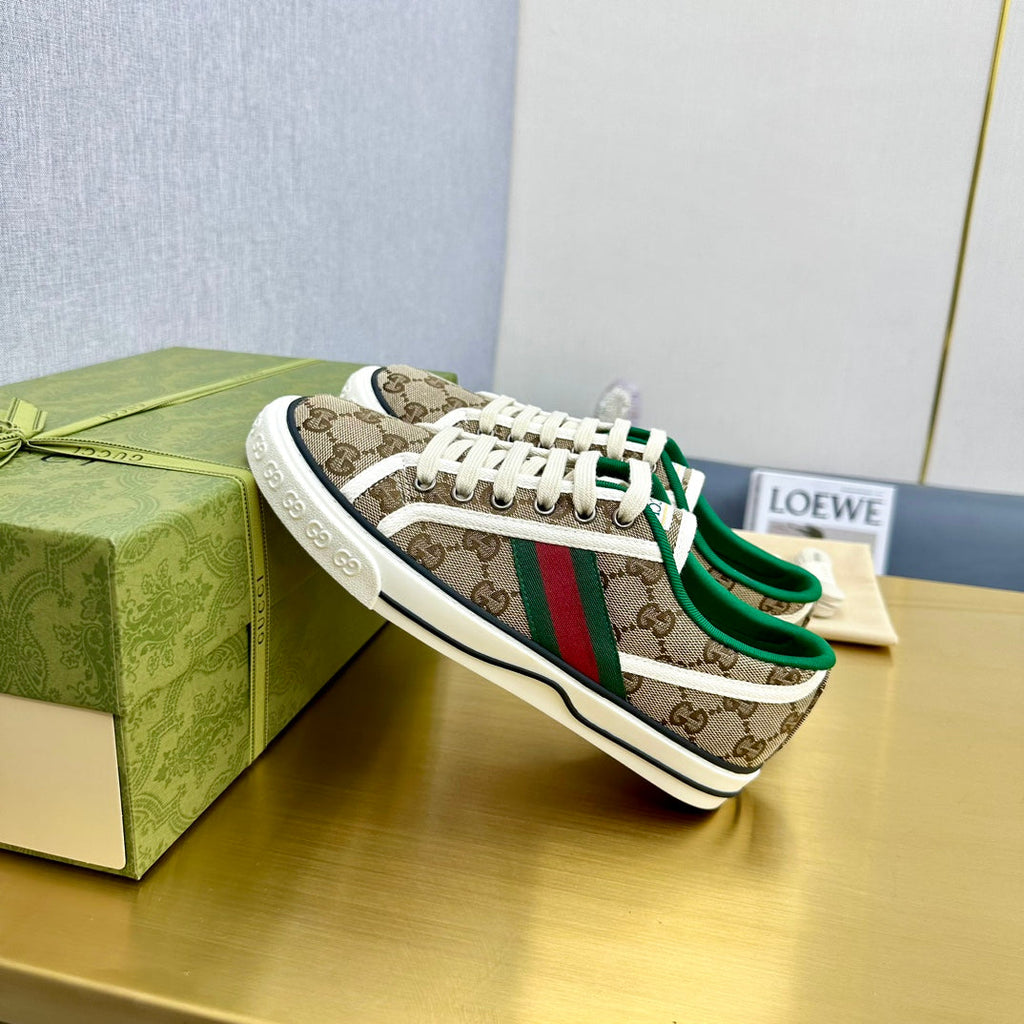 GUCCI TENNIS 1977 TRAINER LIGHT BROWN CANVAS WITH BLACK TRIM
