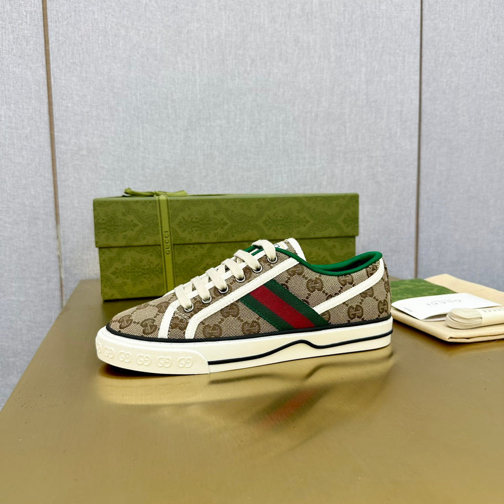GUCCI TENNIS 1977 TRAINER LIGHT BROWN CANVAS WITH BLACK TRIM