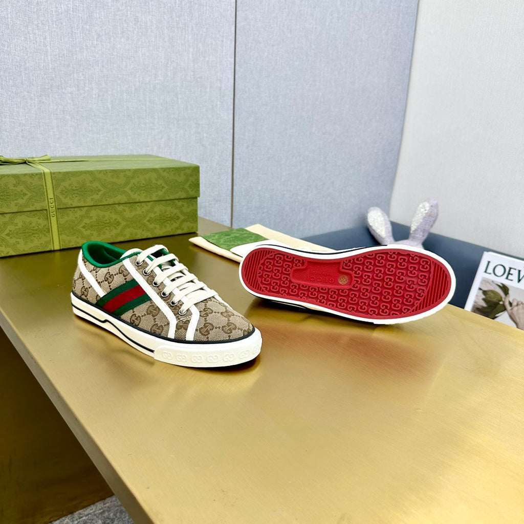 GUCCI TENNIS 1977 TRAINER LIGHT BROWN CANVAS WITH BLACK TRIM