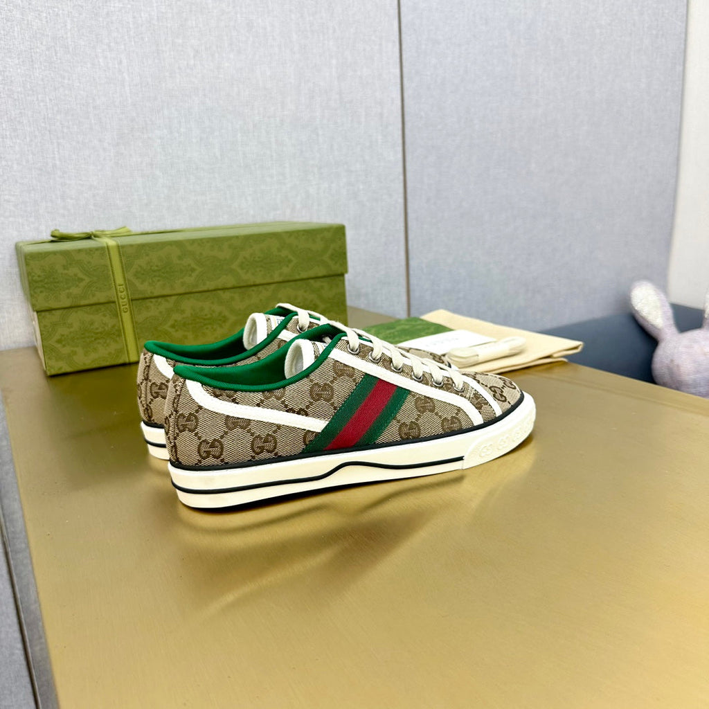 GUCCI TENNIS 1977 TRAINER LIGHT BROWN CANVAS WITH BLACK TRIM