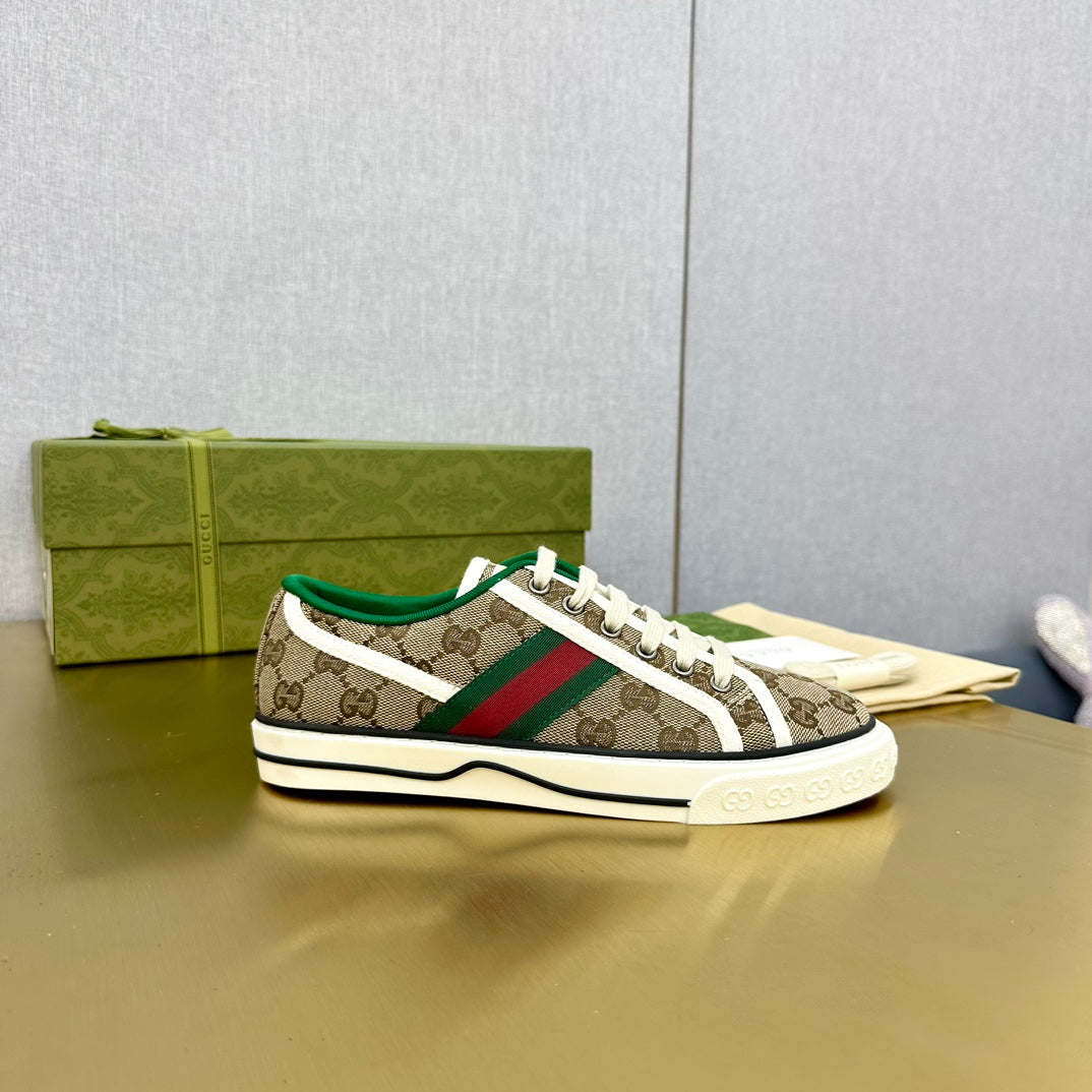 GUCCI TENNIS 1977 TRAINER LIGHT BROWN CANVAS WITH BLACK TRIM