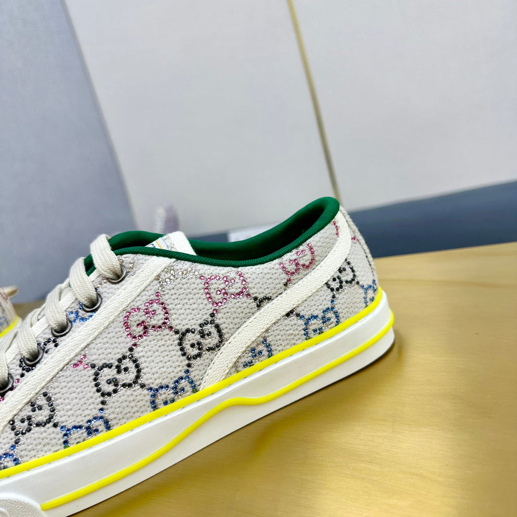 GUCCI TENNIS 1977 TRAINER LIGHT GRAY CANVAS WITH YELLOW TRIM