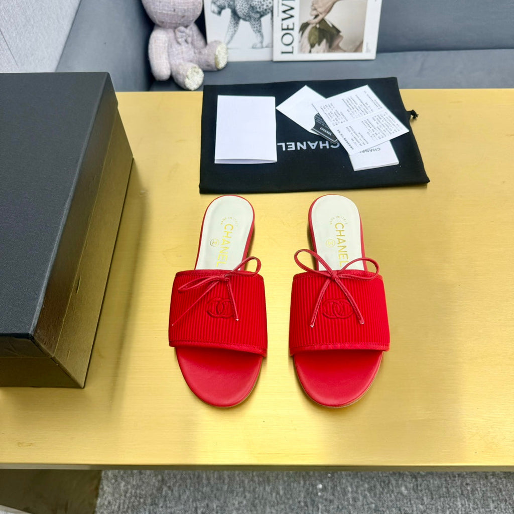 CHANEL BOW SLIPPERS IN CANDY RED LAMBSKIN