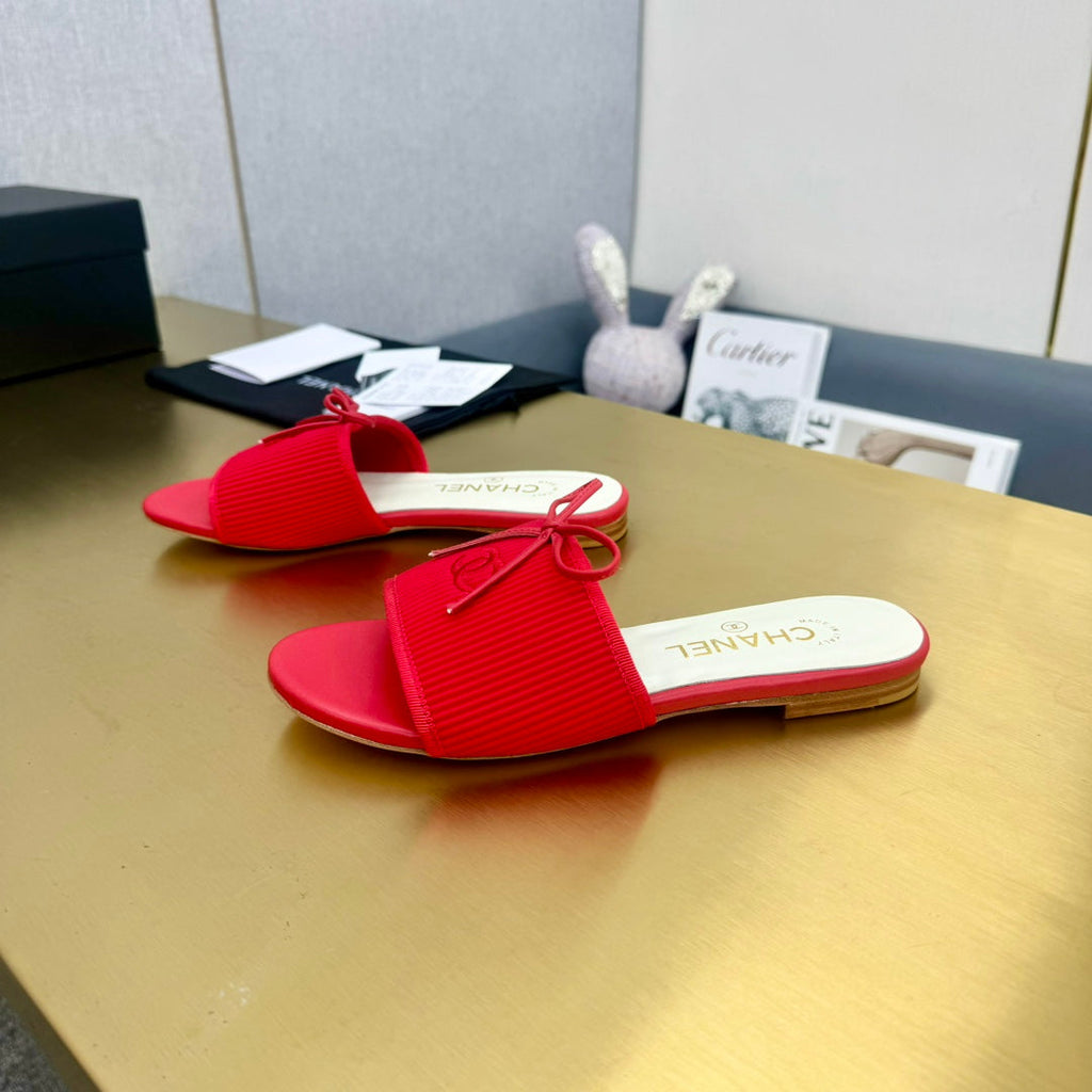 CHANEL BOW SLIPPERS IN CANDY RED LAMBSKIN