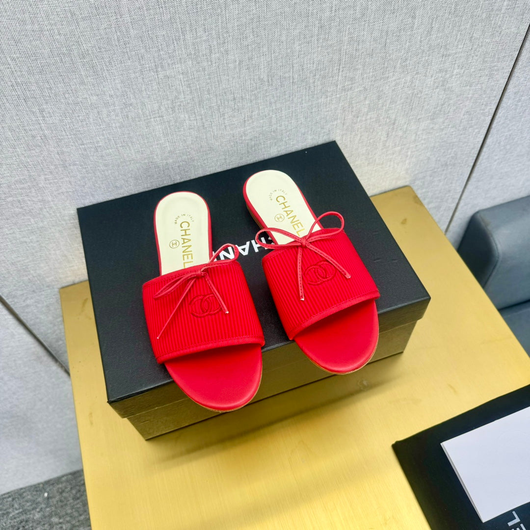 CHANEL BOW SLIPPERS IN CANDY RED LAMBSKIN