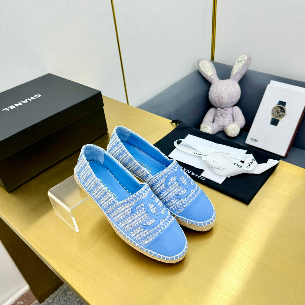 CHANEL ESPADRILLES PLATFORM 25S IN SKY BLUE TWEED MIX CALFSKIN