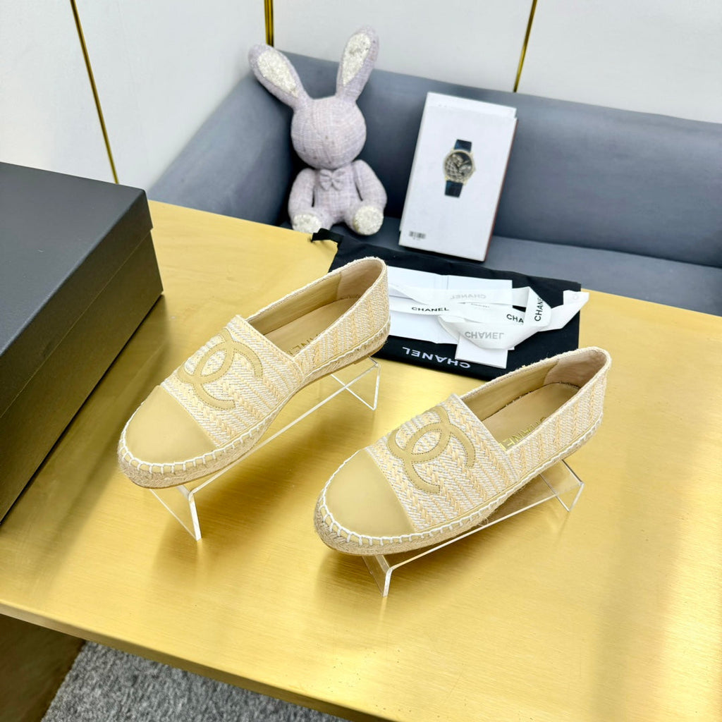 CHANEL ESPADRILLES PLATFORM 25S IN BEIGE YELLOW TWEED MIX CALFSKIN