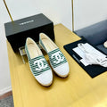 CHANEL SLIP-ON 25S IN DARK GREEN AND WHITE FABRIC WITH STRIPED PATTERN
