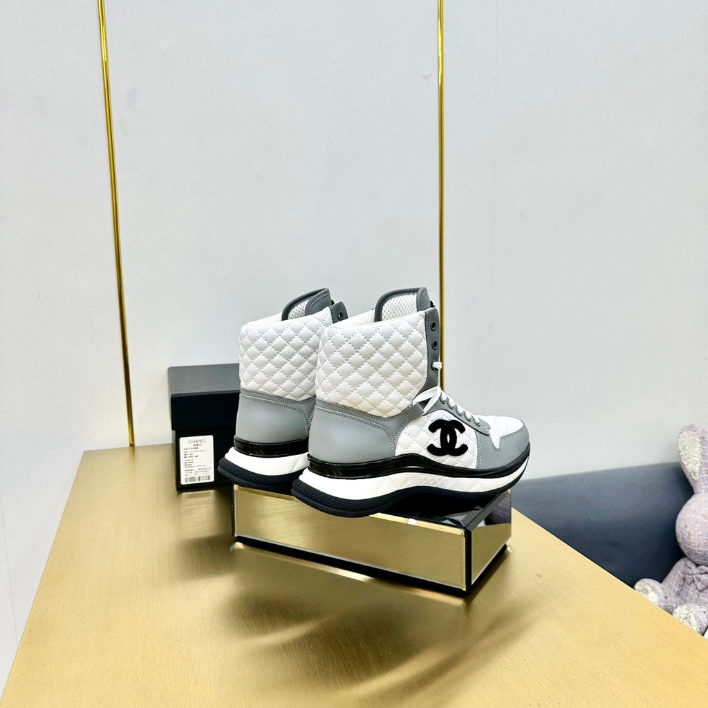 CHANEL ATHLETIC SHOES IN WHITE MIX ASH GRAY CALFSKIN