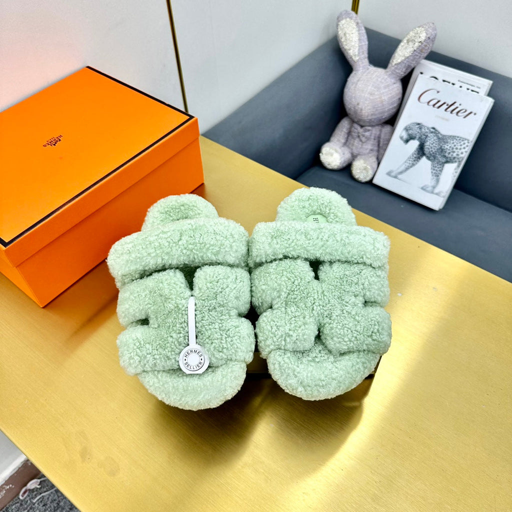 HERMES CHYPRE SANDAL IN PASTEL GREEN SHEARLING