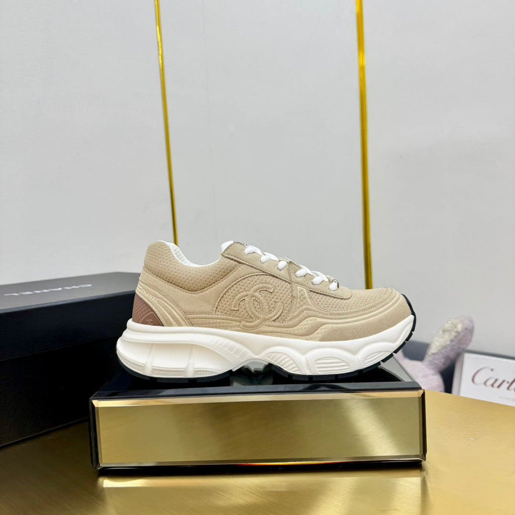 CHANEL DAD SNEAKER IN TUSCAN BEIGE SUEDE AND BREATHABLE MESH