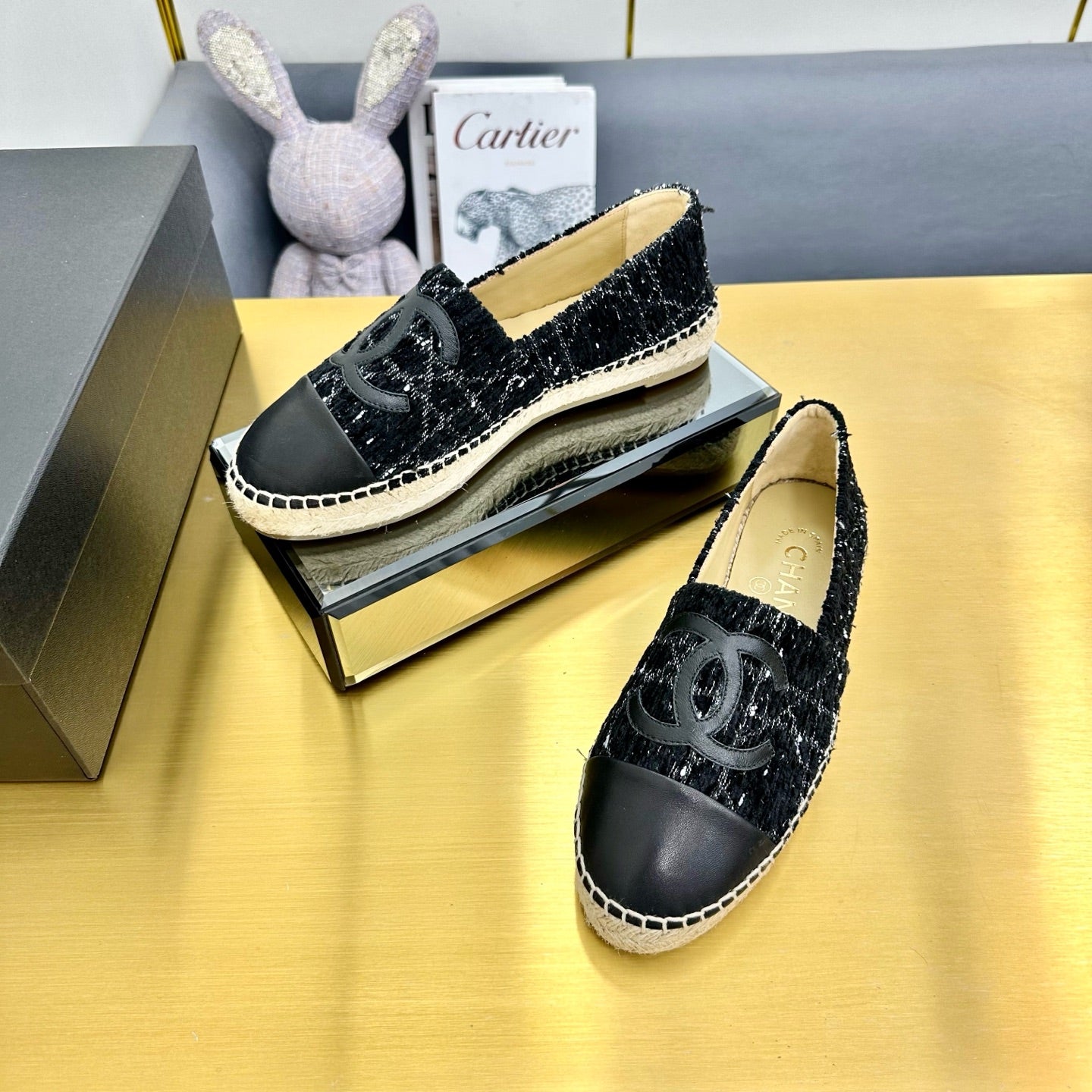 CHANEL ESPADRILLES PLATFORM 25S IN BLACK TWEED AND LAMBSKIN WITH WHITE STRIPES