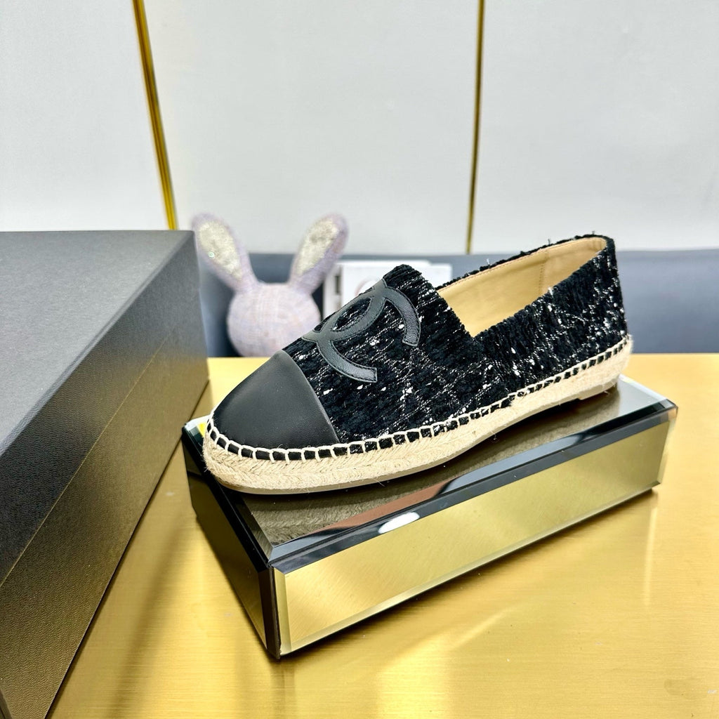 CHANEL ESPADRILLES PLATFORM 25S IN BLACK TWEED AND LAMBSKIN WITH WHITE STRIPES