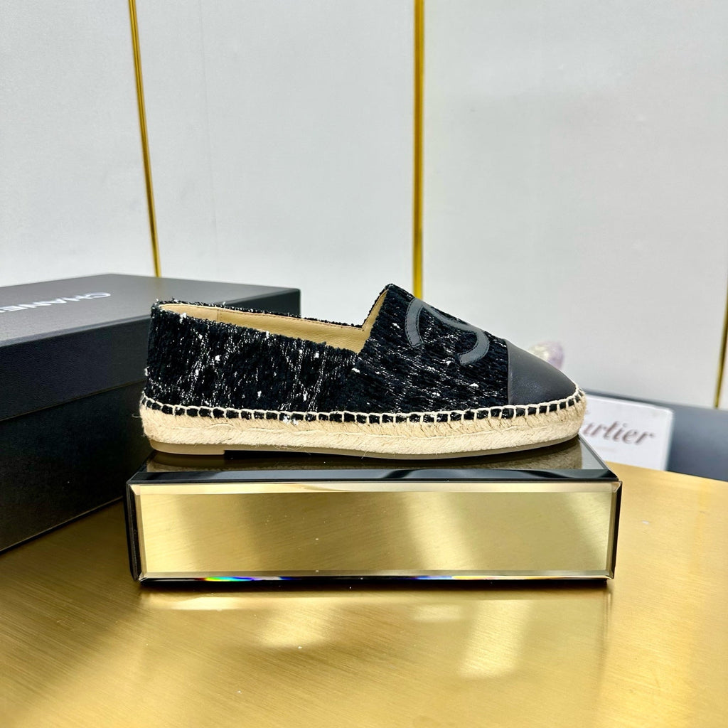 CHANEL ESPADRILLES PLATFORM 25S IN BLACK TWEED AND LAMBSKIN WITH WHITE STRIPES
