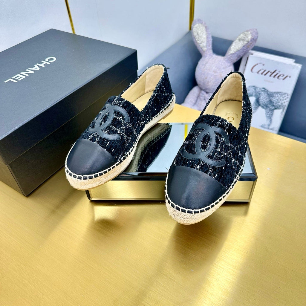 CHANEL ESPADRILLES PLATFORM 25S IN BLACK TWEED AND LAMBSKIN WITH WHITE STRIPES
