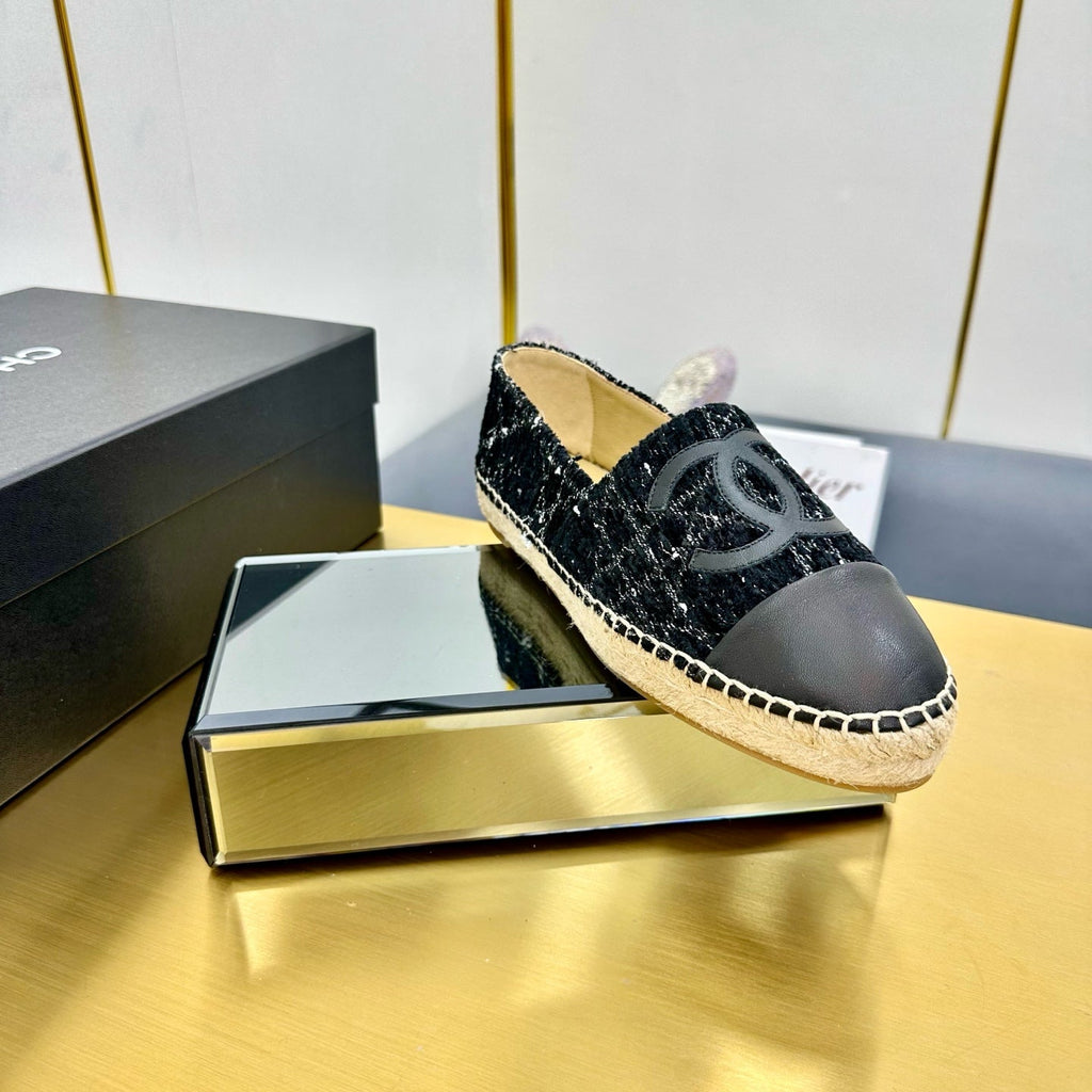 CHANEL ESPADRILLES PLATFORM 25S IN BLACK TWEED AND LAMBSKIN WITH WHITE STRIPES