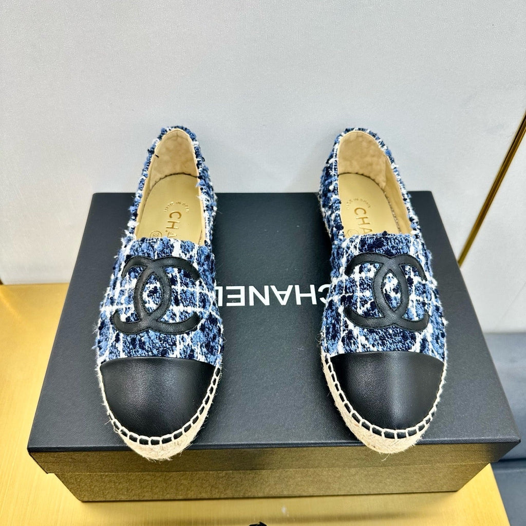 CHANEL ESPADRILLES PLATFORM 25S IN BLUE TWEED MIX BLACK CALFSKIN