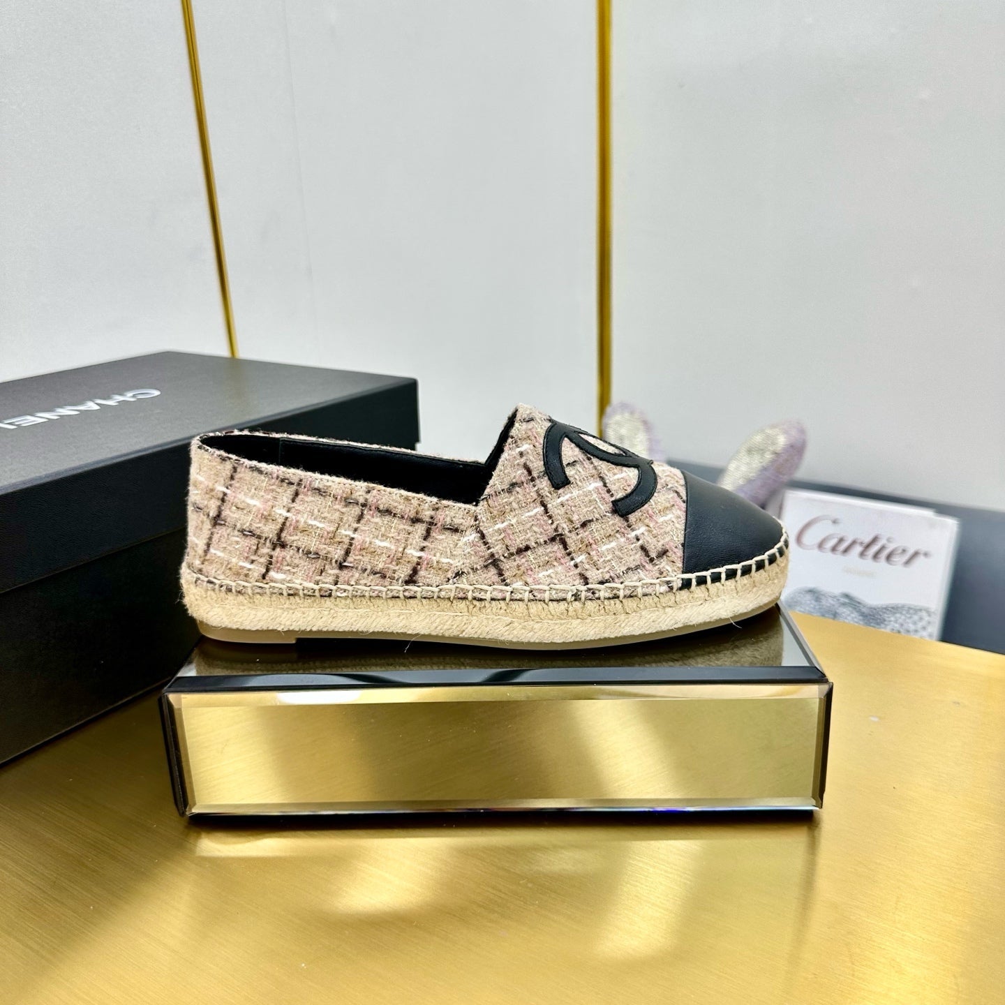 CHANEL ESPADRILLES PLATFORM 25S IN LIGHT BEIGE TWEED MIX BLACK CALFSKIN WITH PLAID PATTERN