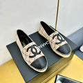 CHANEL ESPADRILLES PLATFORM 25S IN LIGHT BEIGE TWEED MIX BLACK CALFSKIN WITH PLAID PATTERN