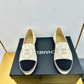 CHANEL ESPADRILLES PLATFORM IN MOSSY BROWN MIX BLACK PATTERN FABRIC