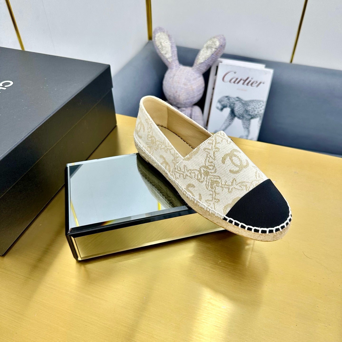CHANEL ESPADRILLES PLATFORM IN MOSSY BROWN MIX BLACK PATTERN FABRIC