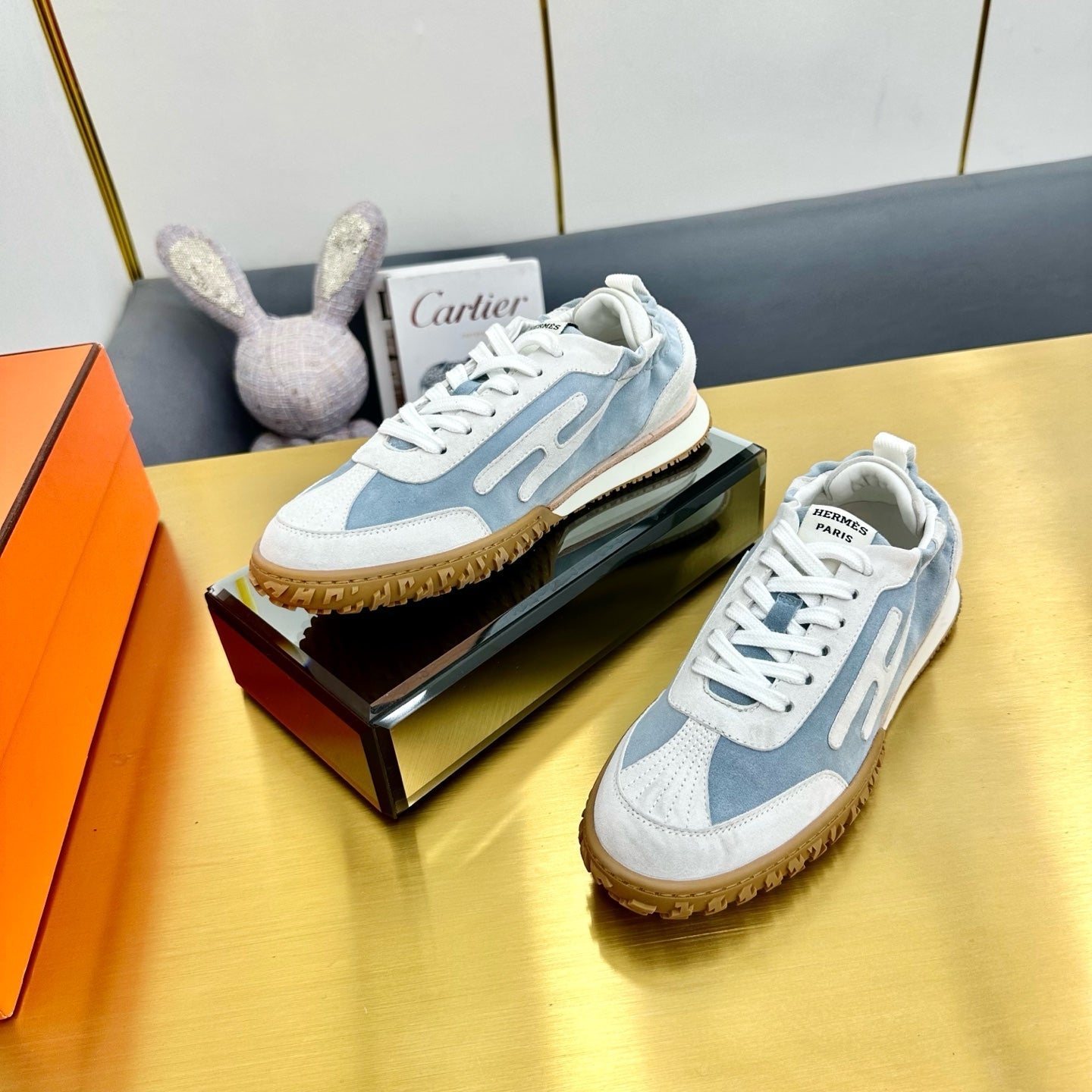 HERMES JET SNEAKER IN PALE GRAY MIX SAPPHIRE BLUE SUEDE