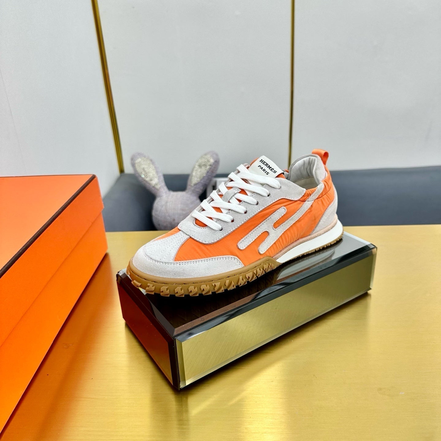 HERMES JET SNEAKER IN PALE GRAY SUEDE MIX ORANGE CALFSKIN