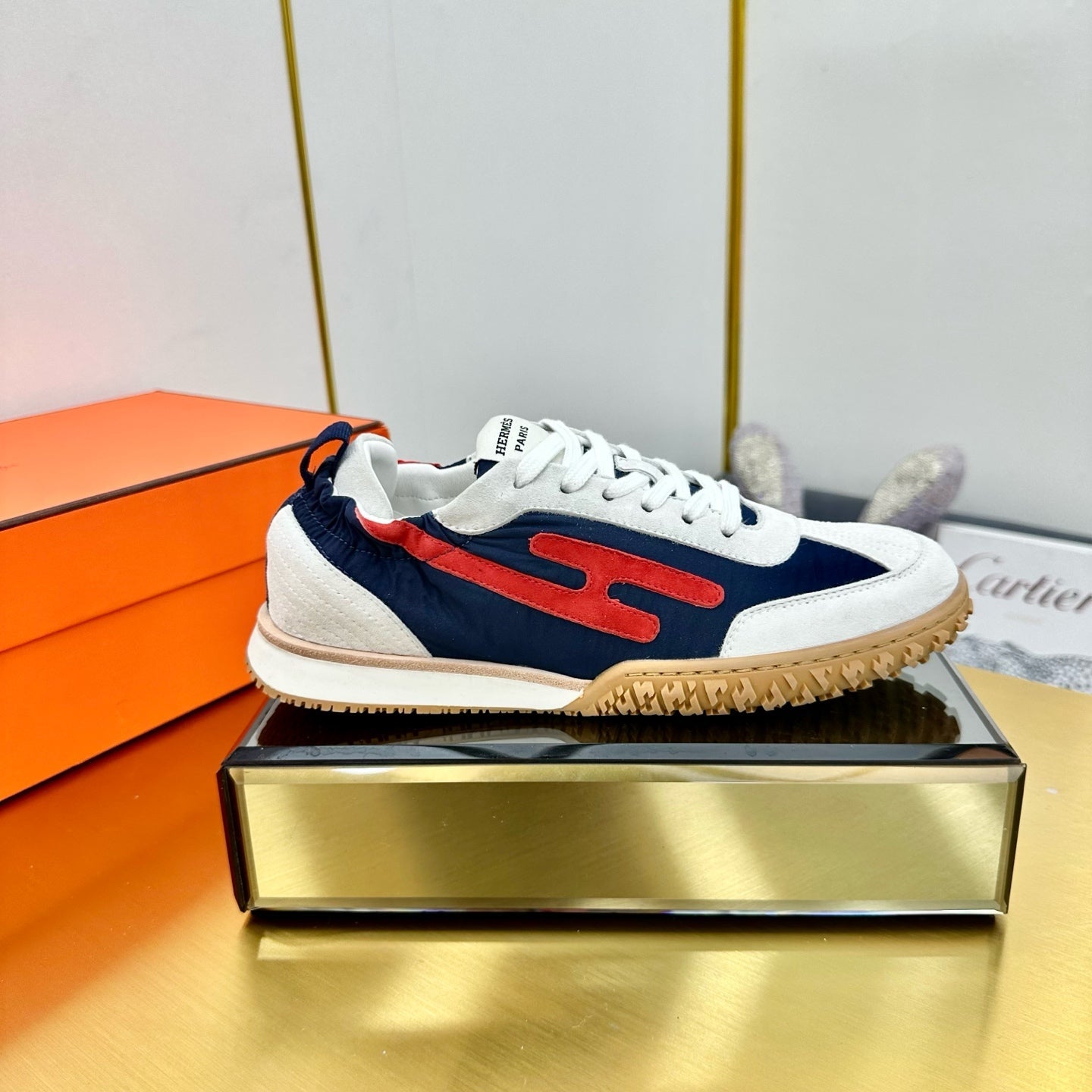 HERMES JET SNEAKER IN WHITE MIX NAVY BLUE SUEDE
