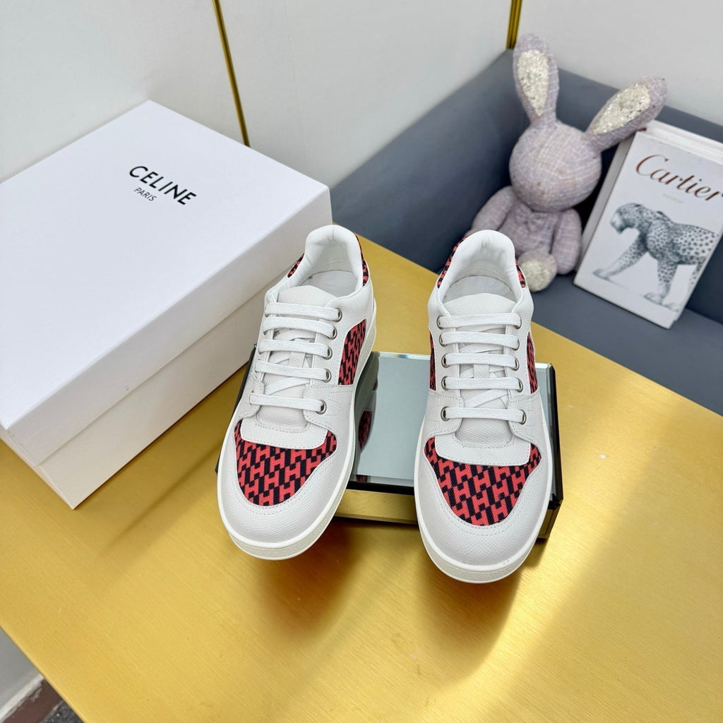 HERMES FREE SNEAKER IN WHITE CALFSKIN AND "H EN BIAIS" RED CANVAS.