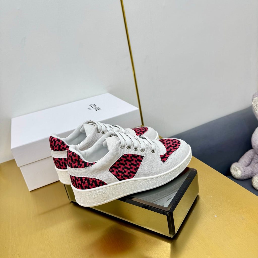 HERMES FREE SNEAKER IN WHITE CALFSKIN AND "H EN BIAIS" RED CANVAS.