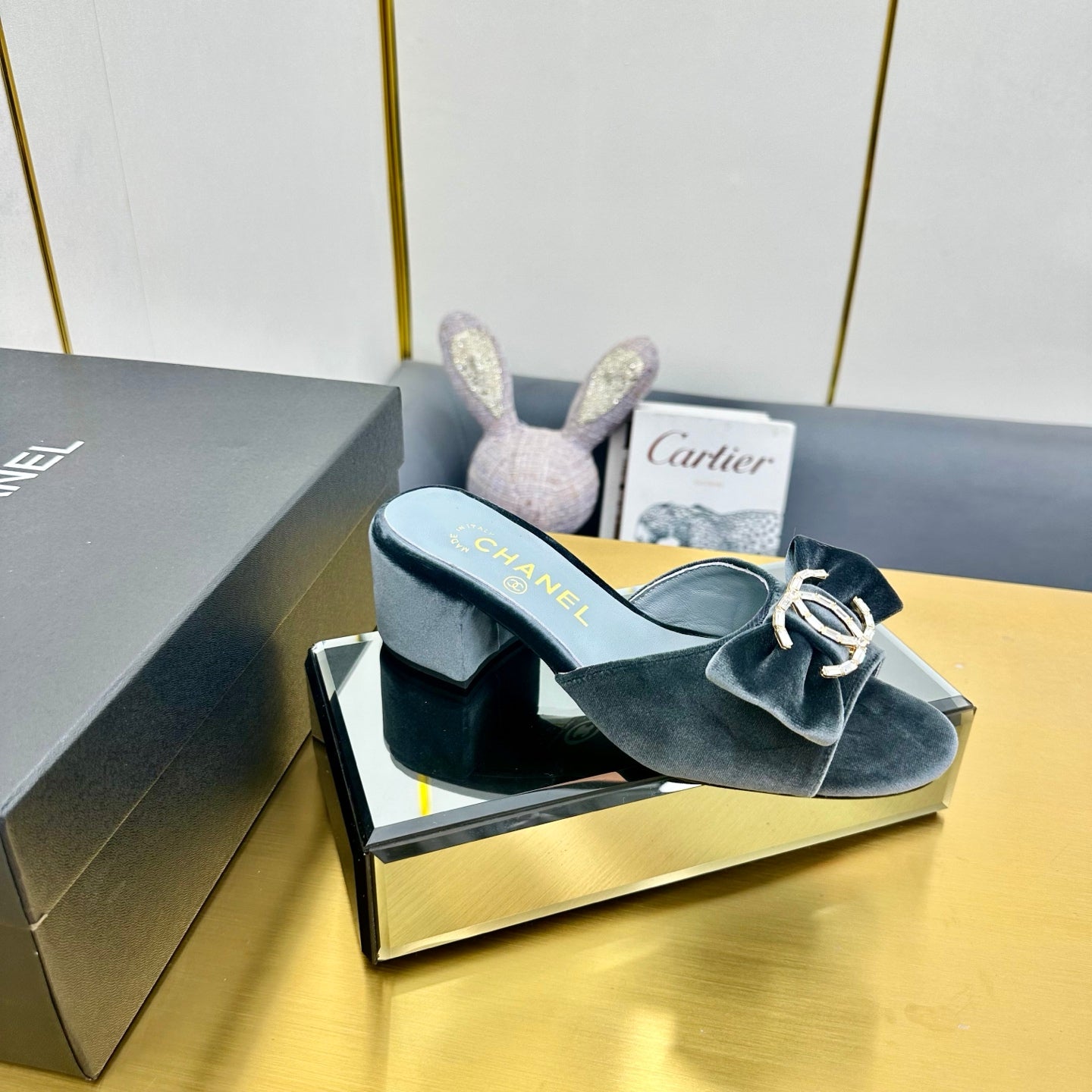 CHANEL BOWKNOT RHINESTONES MID HEEL MULE IN STONE BLUE VELVET