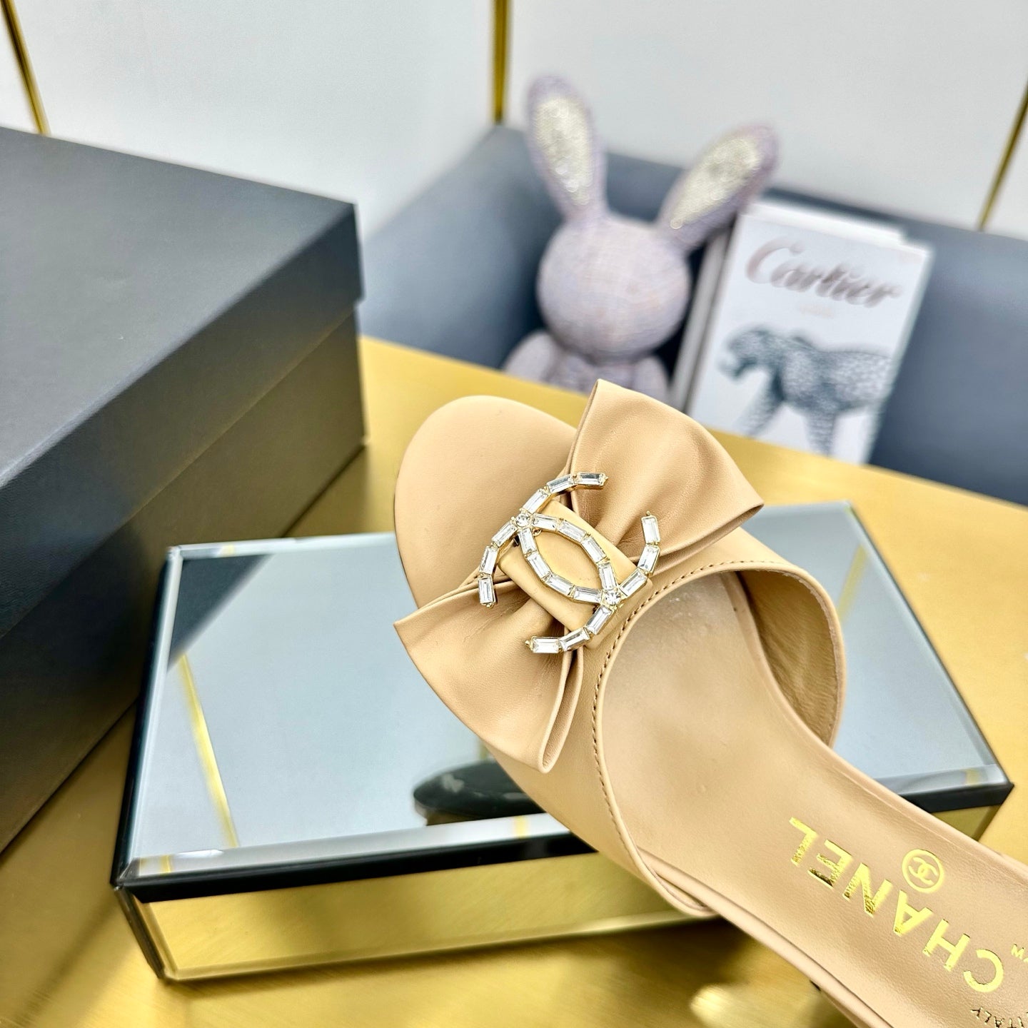 CHANEL BOWKNOT RHINESTONES MID HEEL MULE IN FLAX YELLOW CALFSKIN