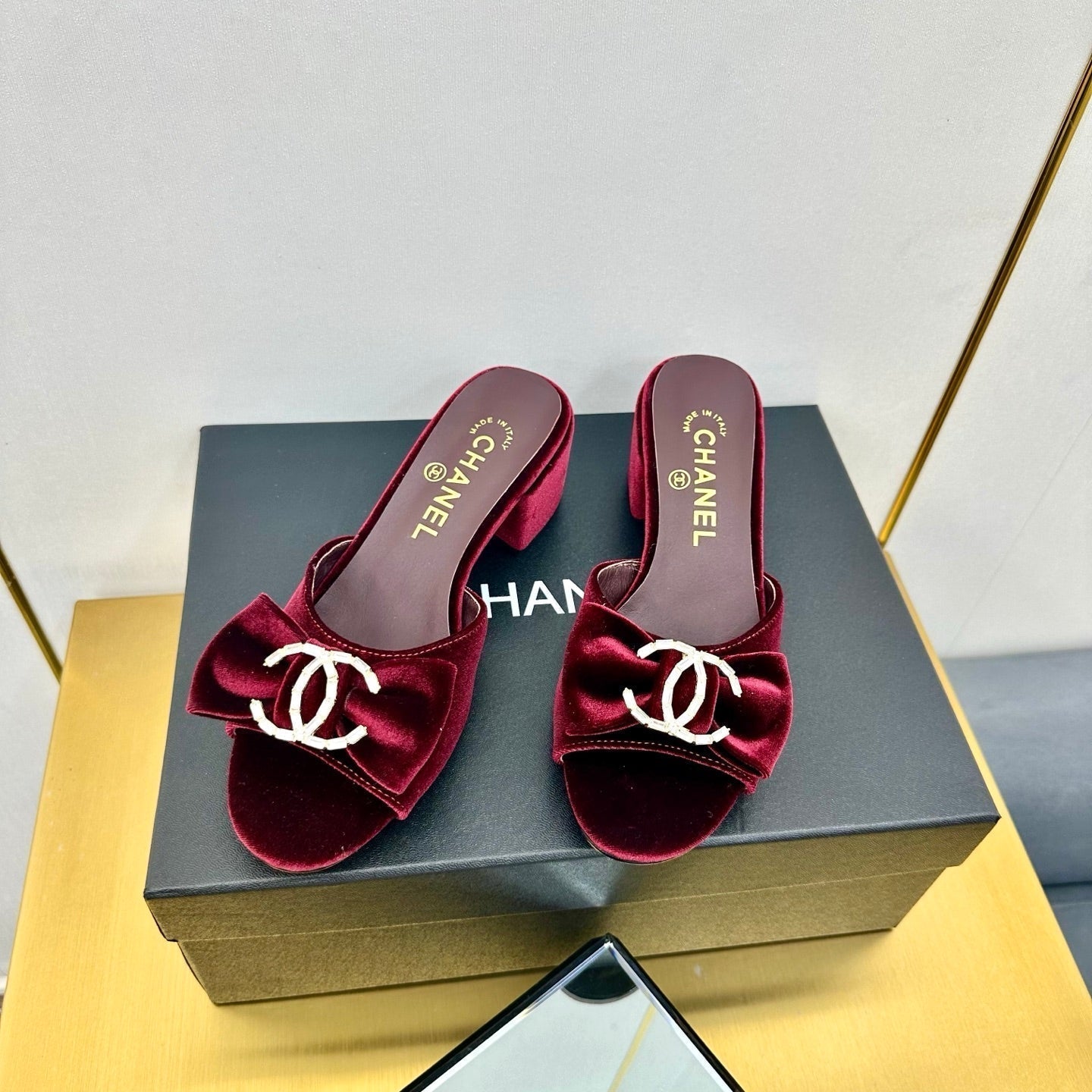CHANEL BOWKNOT RHINESTONES MID HEEL MULE IN GARNET RED VELVET