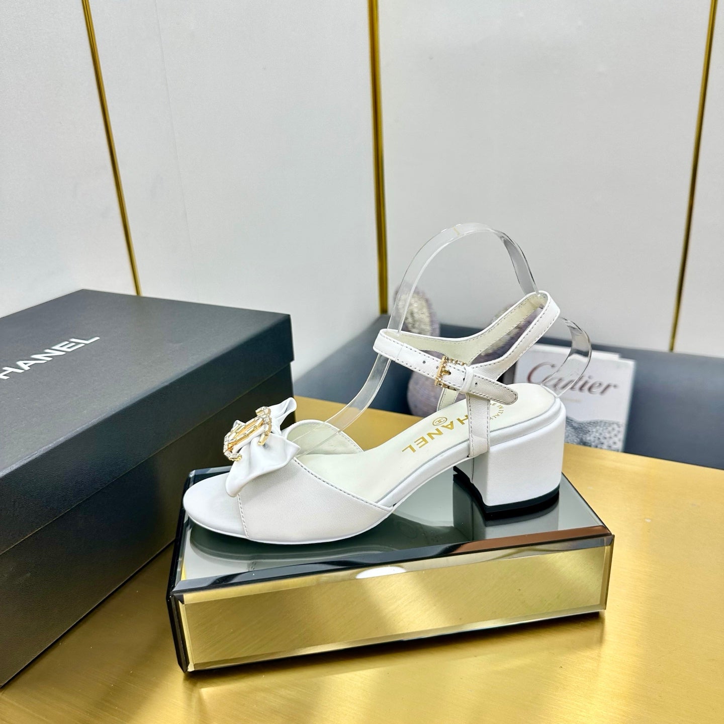 CHANEL BOWKNOT RHINESTONES MID HEEL SANDAL IN WHITE LAMBSKIN