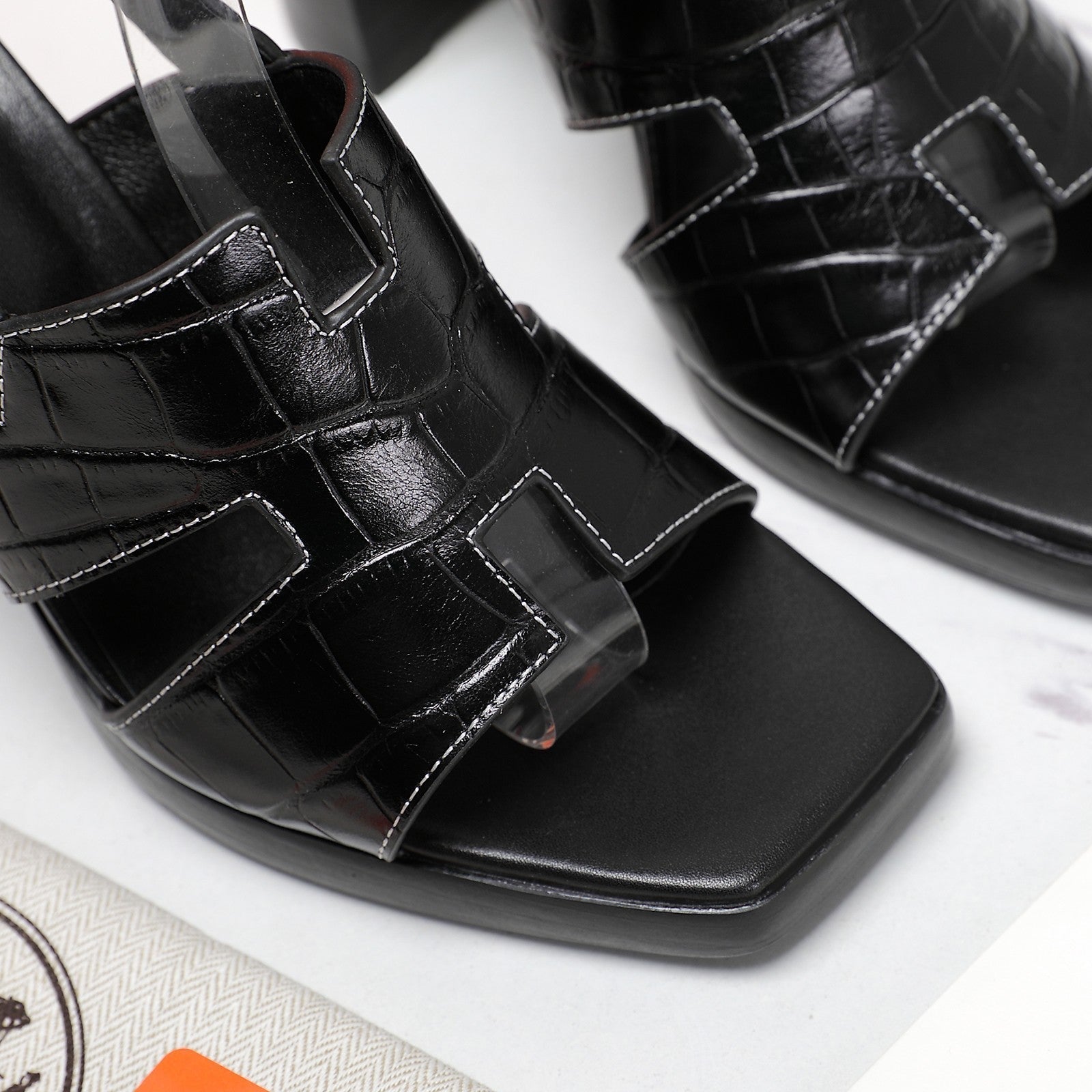 HERMES ERIS 95 SANDAL BLACK CALFSKIN PATTERNED