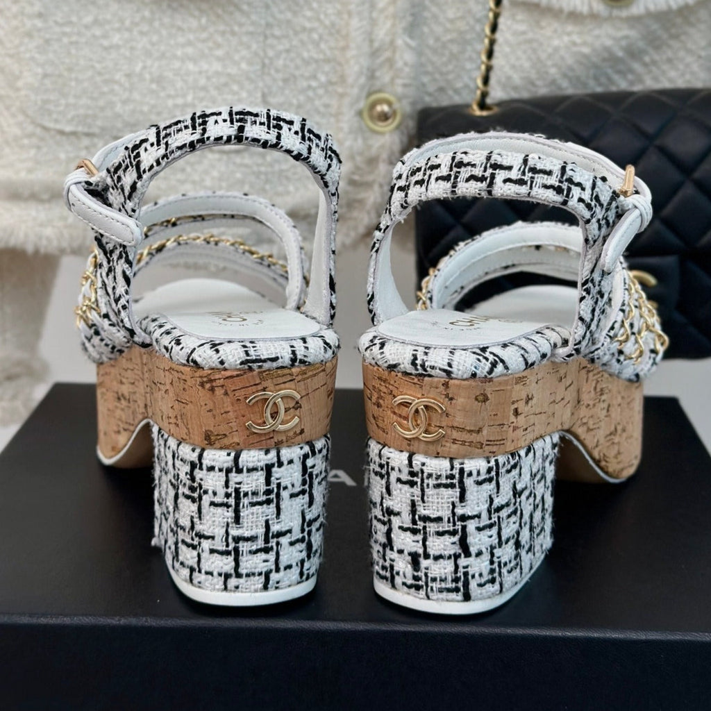 CHANEL Double C Wooden Chain Platform Block Heel Sandals Black Caro/ White