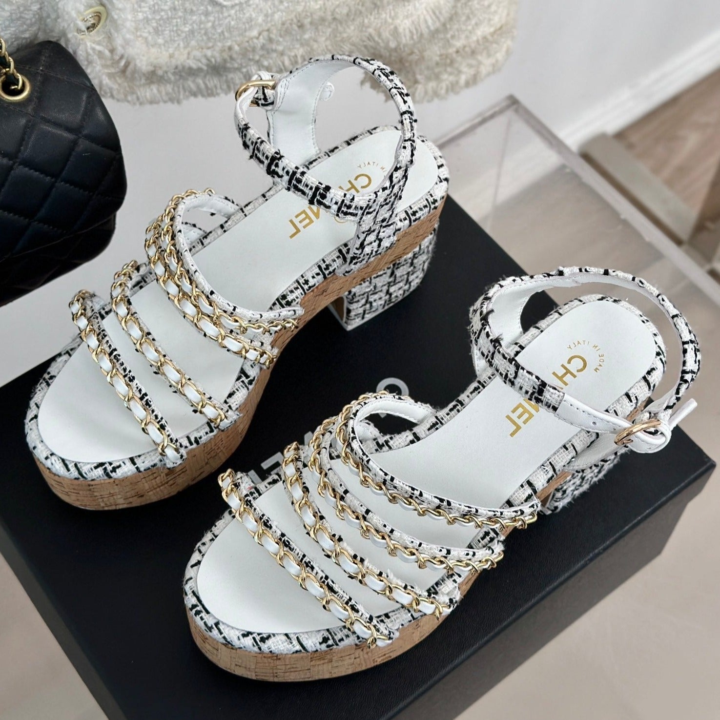 CHANEL Double C Wooden Chain Platform Block Heel Sandals Black Caro/ White