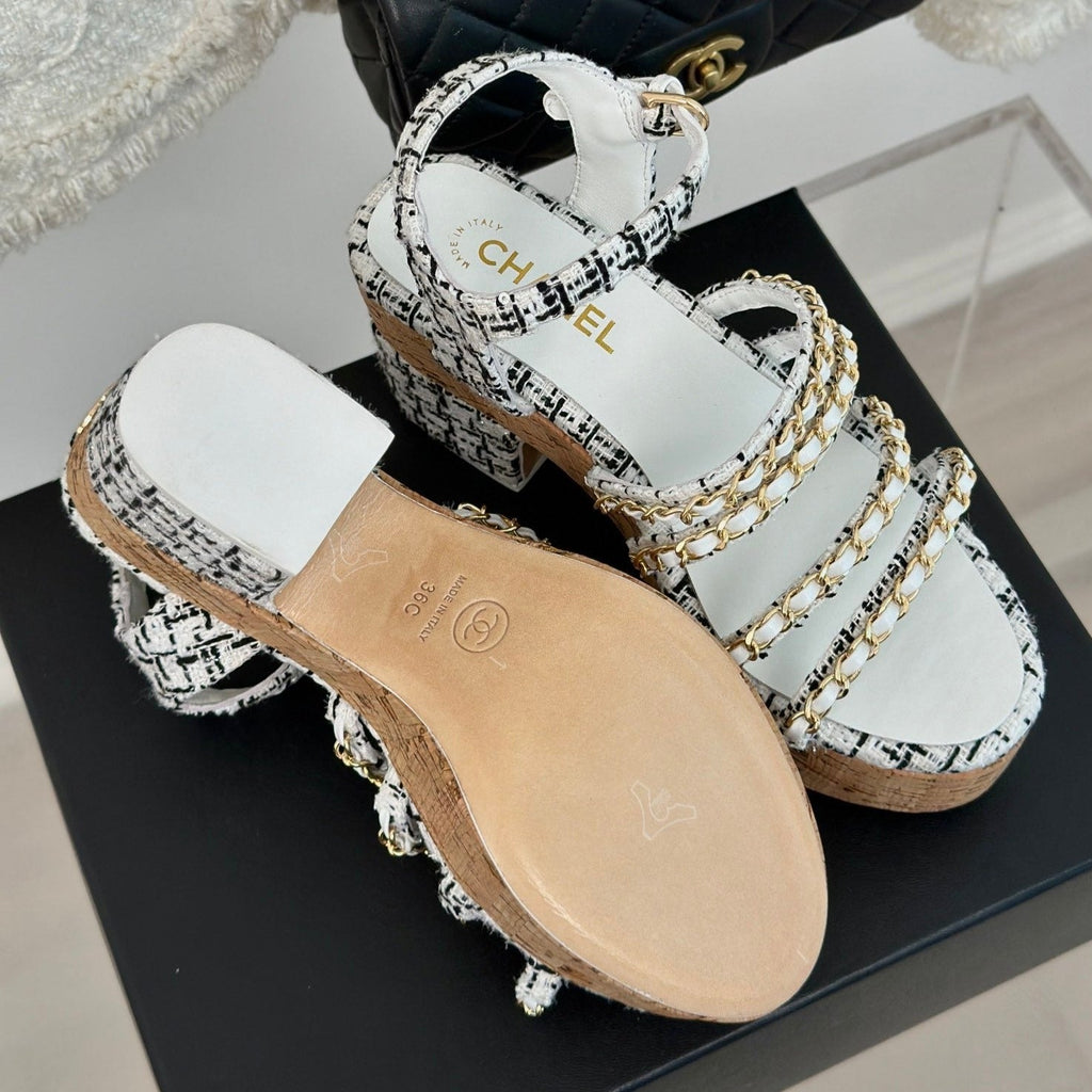 CHANEL Double C Wooden Chain Platform Block Heel Sandals Black Caro/ White
