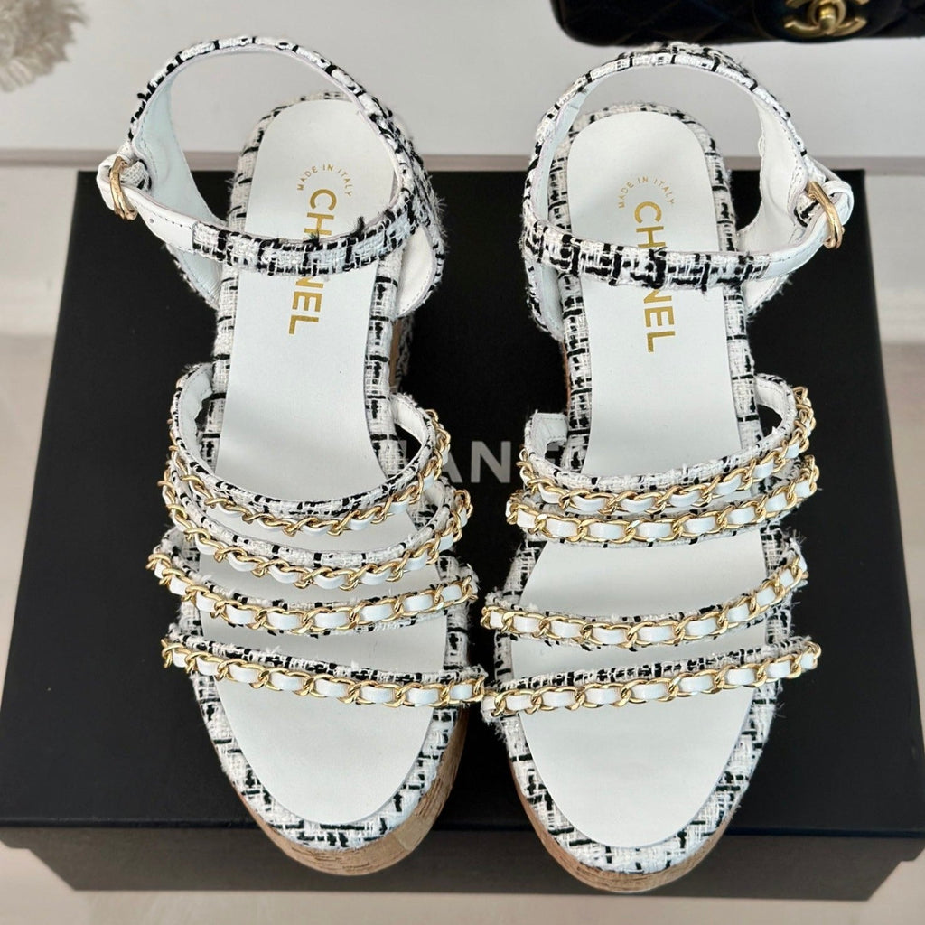 CHANEL Double C Wooden Chain Platform Block Heel Sandals Black Caro/ White