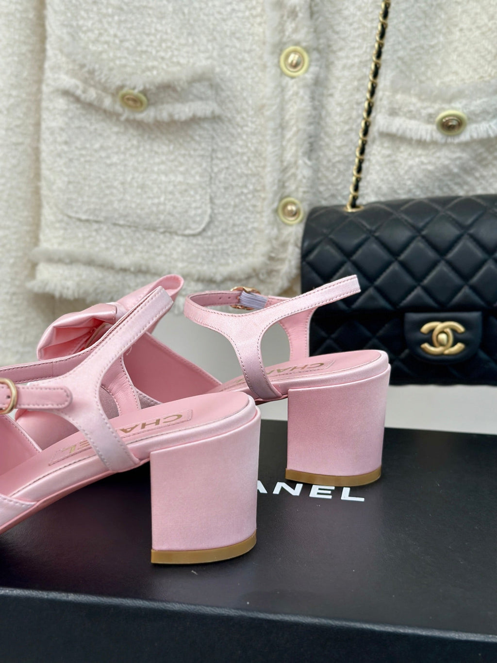 CHANEL Double  Big Bow High Sandal Sheepskin Light Pink