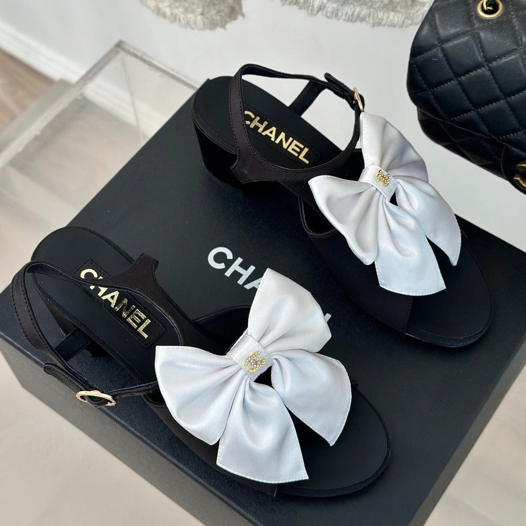 CHANEL Double  Big Bow High Sandal Sheepskin Black White