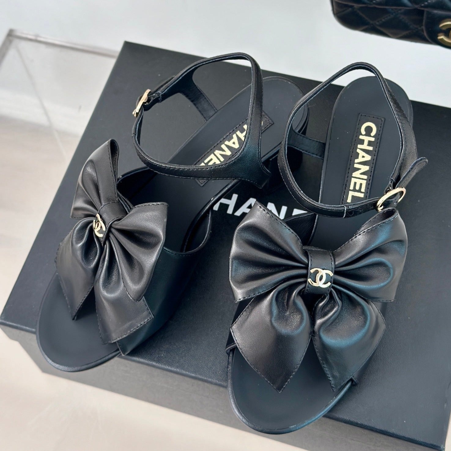 CHANEL Double  Big Bow High Sandal Sheepskin Black