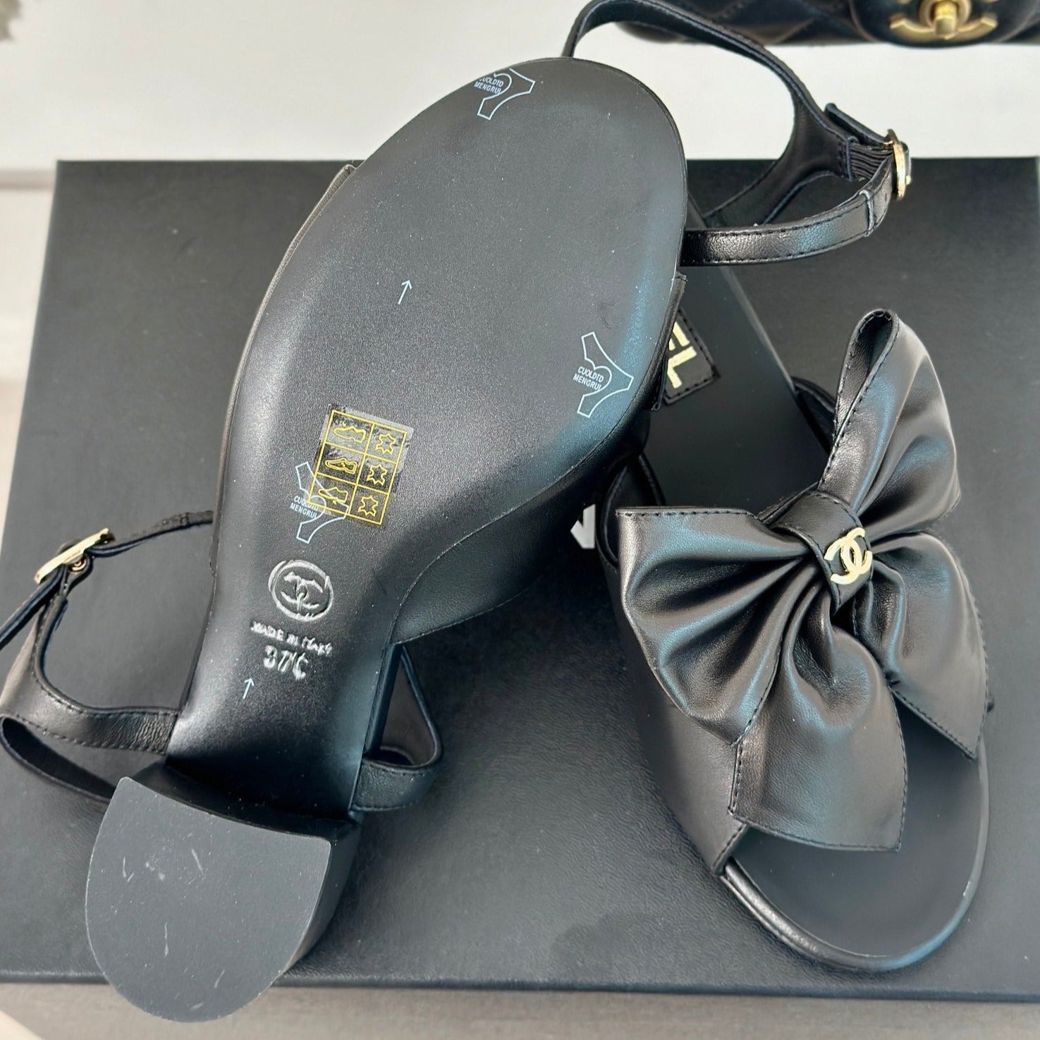 CHANEL Double  Big Bow High Sandal Sheepskin Black