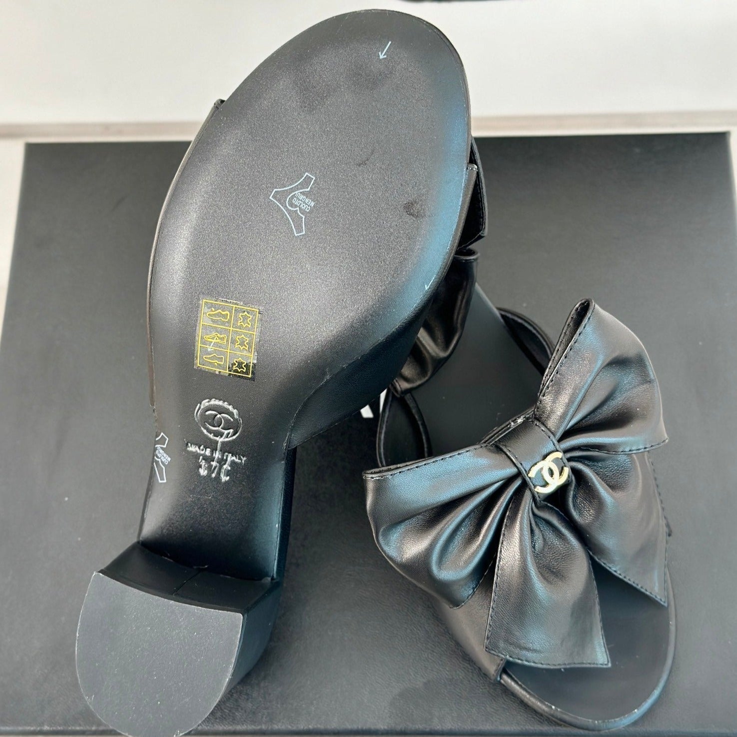 CHANEL Double  Big Bow High Heels Sheepskin Black
