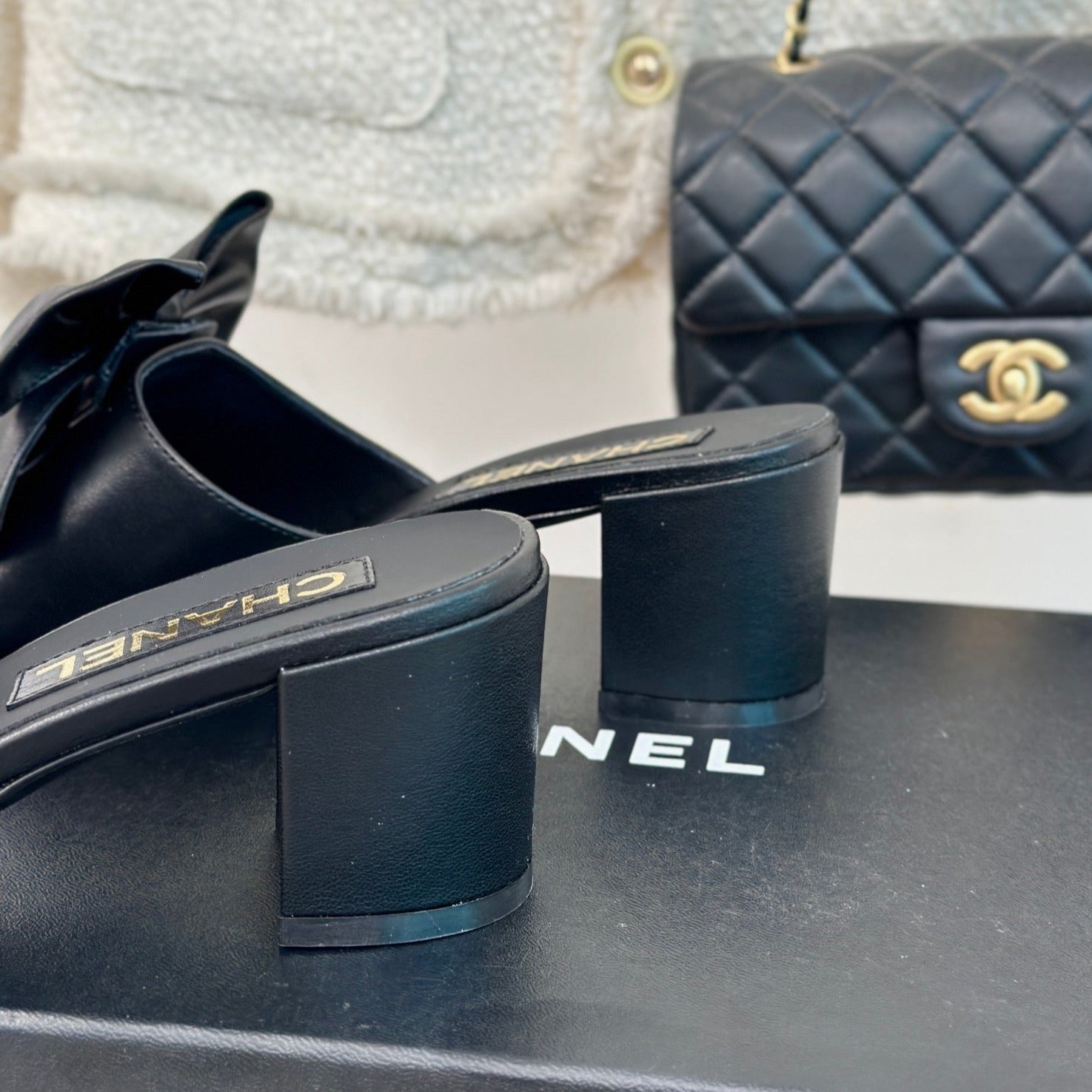 CHANEL Double  Big Bow High Heels Sheepskin Black