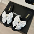 CHANEL Double  big bow flat sandals Sheepskin White Black