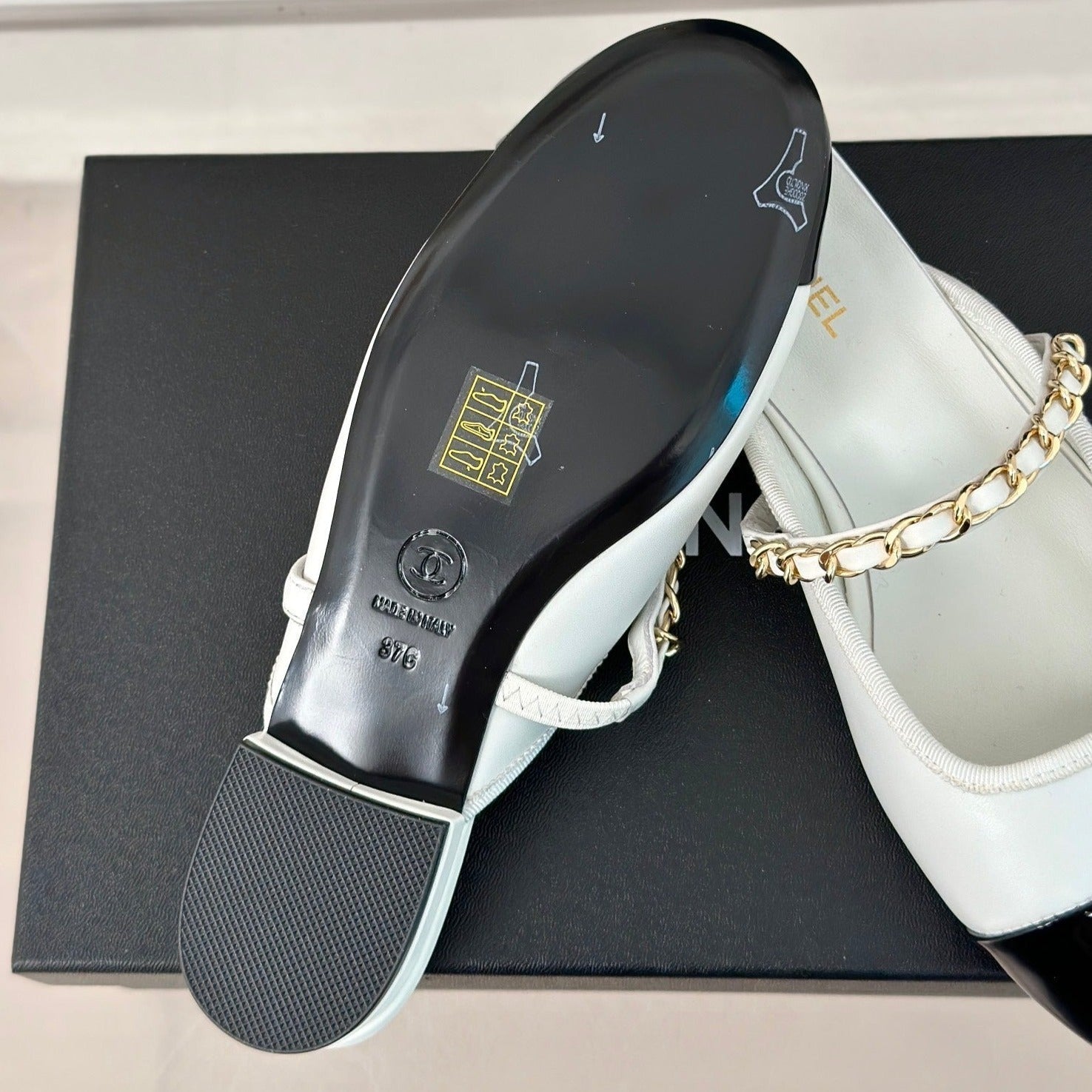 CHANEL Double C Two-Tone Chain Mules White Lambskin