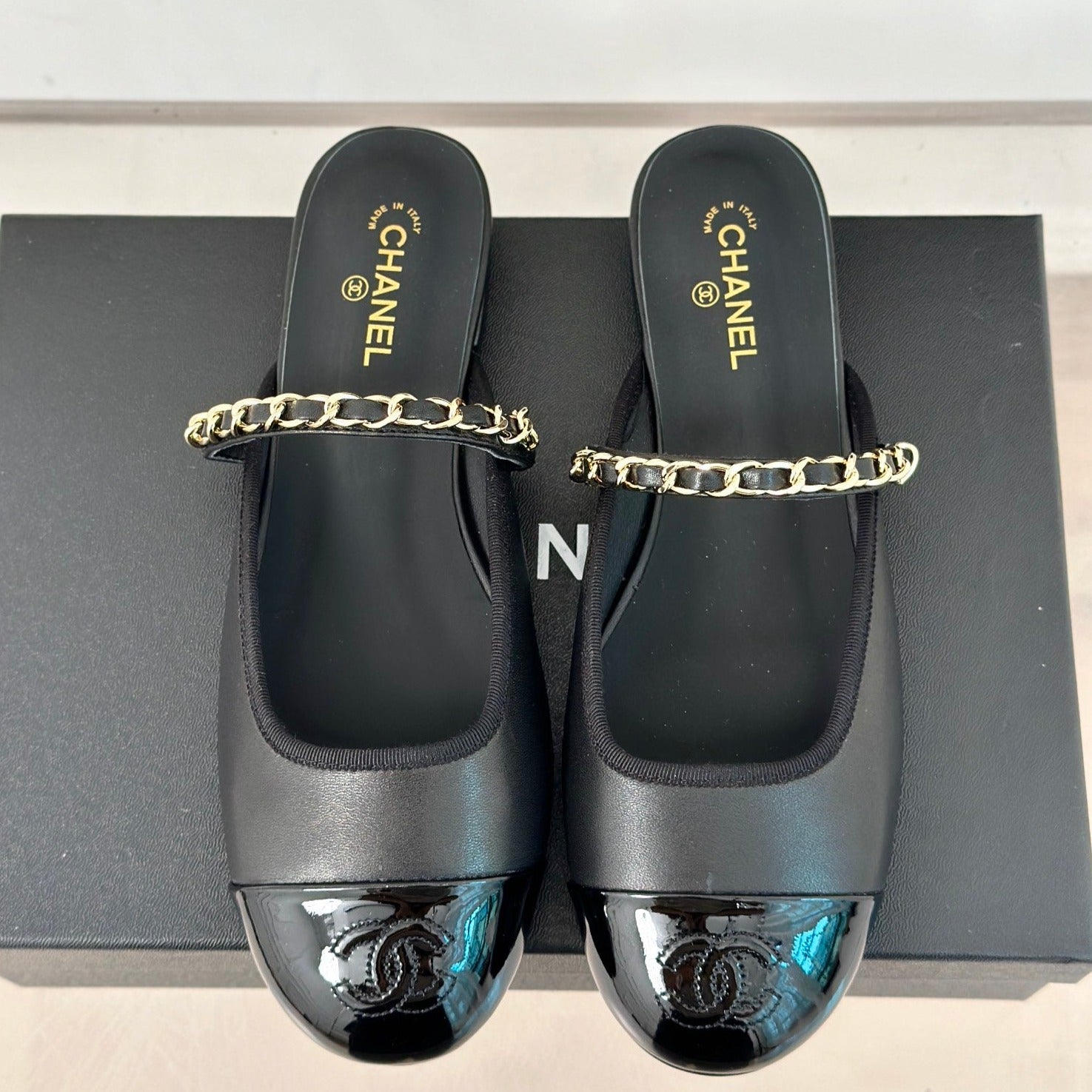 CHANEL Double C Two-Tone Chain Mules Black Lambskin