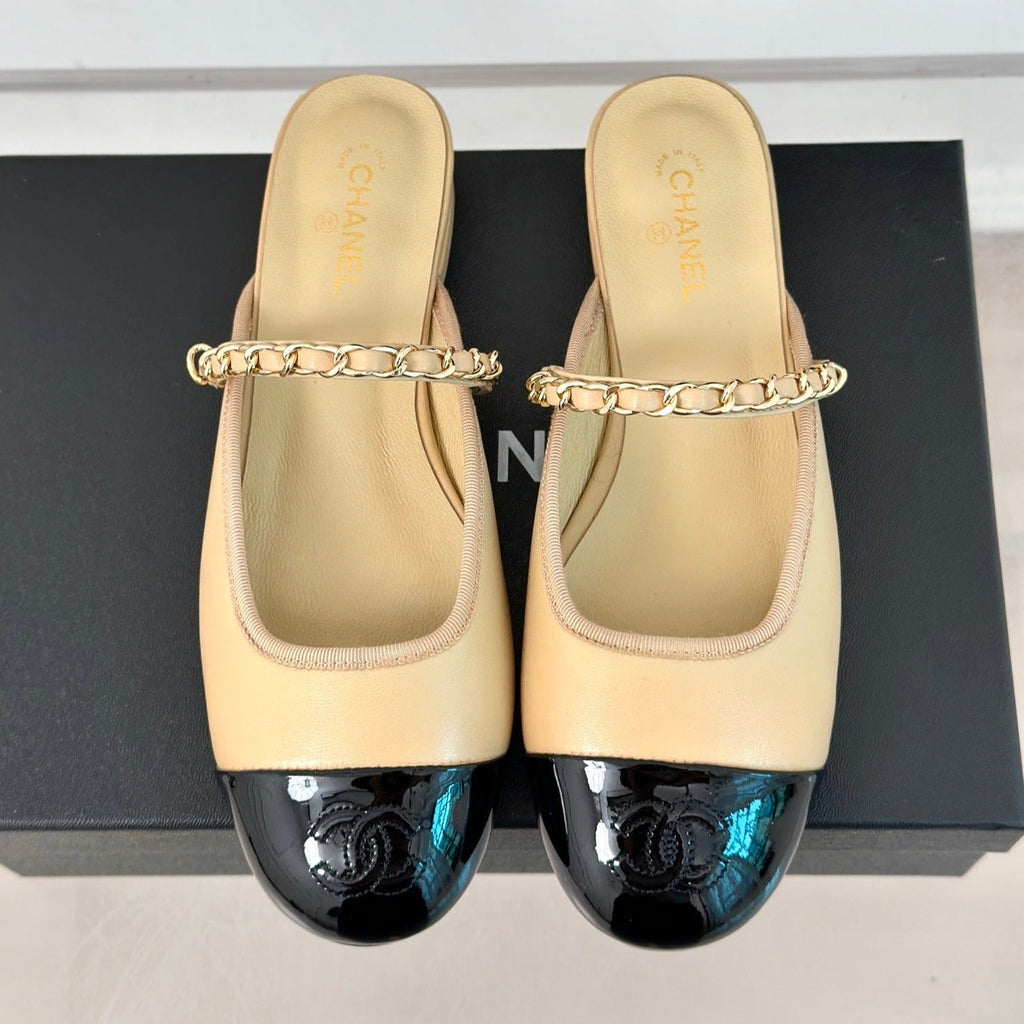 CHANEL Double C Two-Tone Chain Mules Dark Cream Lambskin
